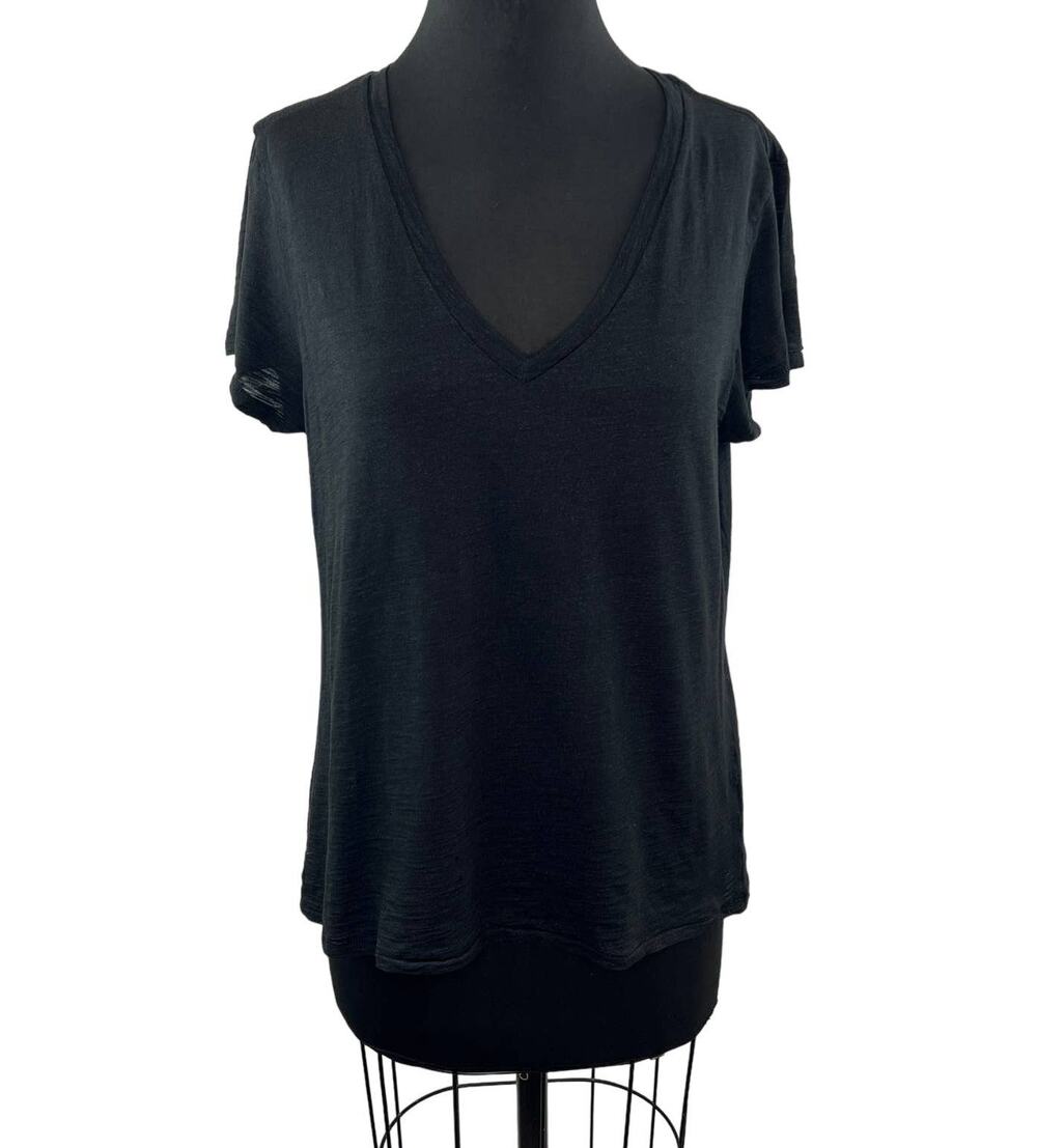 GOLDIE Black Pima Cotton Scoop V-Neck Short Sleeve Tee Basic Shirt Casual Top L